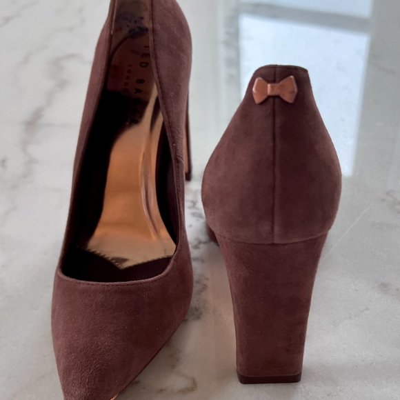 TED BAKER Bubeli Brown Suede Leather Pointed Toe Wide Heel Pumps 37.5 NEW - Picture 4 of 6